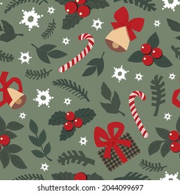 cute drawn christmas elements - fir branches, bells, candies, mistletoe, gifts, snowflakes, leaves. vector seamless pattern for wrapping paper, background, fabric. set of objects isolated
