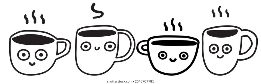 Cute and drawn cups of coffee. Outline design. Vector isolated icons. Illustrations on white background.