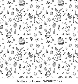Cute drawn Easter seamless patterns with outline bunnies, flowers, easter eggs.  On light colored background for cards, banners, textiles