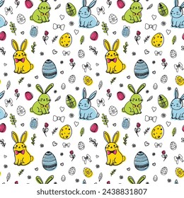 Cute drawn Easter seamless patterns with outline bunnies, flowers, easter eggs. On light colored background for cards, banners, textiles