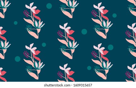 Cute drawn floral pattern on blue background. Vector illustration