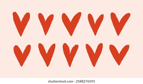 Cute drawn heart shapes in simple doodle drawing style. Red love symbols set for Valentine's day. Uneven irregular organic design elements. Freehand affection signs. Flat vector illustration