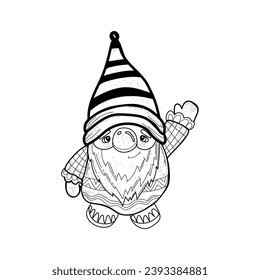 Cute drawn New Year gnome waving hand on white background