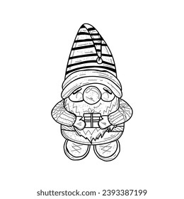 Cute drawn New Year gnome with gift on white background
