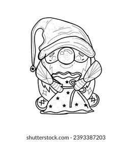 Cute drawn New Year gnome with bag on white background