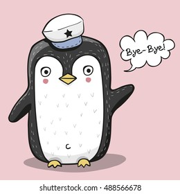 Cute Drawn penguin in a cap says bye bye