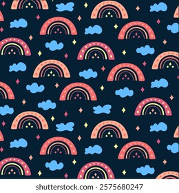 Cute drawn rainbow pattern with clouds and stars