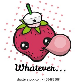 Cute drawn srawberry inflating a bubble from chewing gum