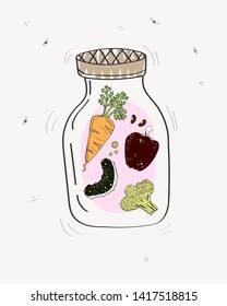 Cute drawn vegetables in a glass jar on a neutral background vector illustration