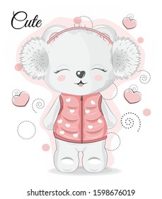 Cute drawn winter baby Teddy bear, in headphones. Picture in hand drawing cartoon style, for t-shirt wear fashion print design, greeting card, postcard. baby shower. party invitation.
 