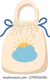 Cute Drawstring Tote Bag Illustration, Cartoon Fabric Pouch with Sun and Cloud Vector, Pastel Canvas Eco Bag Isolated for Shopping and Fashion Design