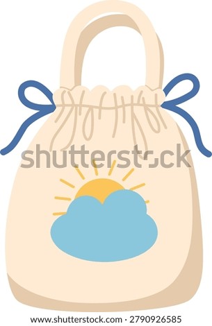 Cute Drawstring Tote Bag Illustration, Cartoon Fabric Pouch with Sun and Cloud Vector, Pastel Canvas Eco Bag Isolated for Shopping and Fashion Design