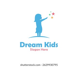 Cute Dream Kids Child Silhouette Pointing to Stars for Education Vector Logo Design Illustration