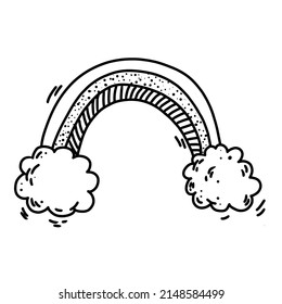 Cute dream vector nursery doodle cartoon monochrome black and white rainbow decorated with scribble lines, clouds. Bullet journal clipart