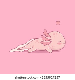 Cute dreamer Axolotl. Little funny sleeping cartoon kawaii character with heart on pink background. Vector illustration 