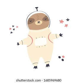 Cute dreaming astronaut sloth in spacesuit. Adorable animal design. Vector illustration