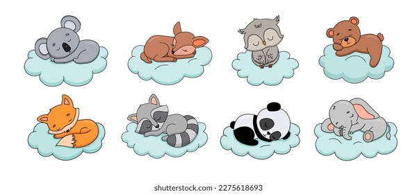 Cute dreaming baby bear on cloud. Cartoon hand drawn vector illustrations set. Baby animal koala, fox, panda, elephant