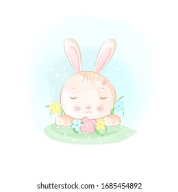 Cute dreaming baby bunny with spring flowers, laying on grass, watercolor hand drawn vector illustration. Baby shower card, kid cute print.