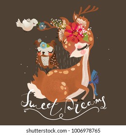 Cute dreaming baby deer, fawn with floral wreath and tied bow, bird and sleeping owl, sweet dreams lettering