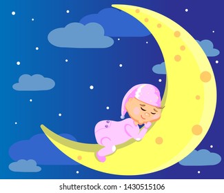 Cute dreaming baby girl on the moon. Can be used for t-shirt print, kids nursery wear fashion design, baby shower invitation card.