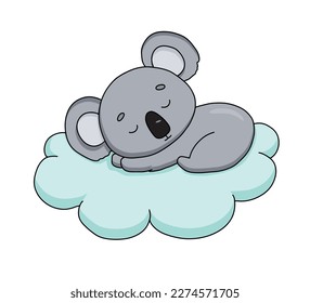 Cute Träumen Baby koala auf Wolke. Cartoon handgezeichnet Vektorgrafik. Baby-Tier einzeln auf Weiß