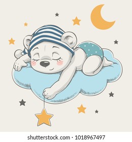 Cute dreaming bear cartoon hand drawn vector illustration. Can be used for t-shirt print, kids wear fashion design, baby shower invitation card.
