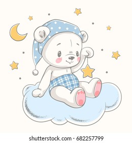 Cute dreaming bear cartoon hand drawn vector illustration. Can be used for t-shirt print, kids wear fashion design, baby shower invitation card.