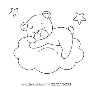 Cute dreaming bear on cloud. Cartoon hand drawn vector outline illustration for coloring book. Line baby animal isolated on white