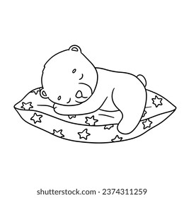 Un oso adorable soñador en la almohada. Dibujo manual de dibujo de la ilustración del contorno vectorial para el libro de coloreado. Animales de bebé aislados en blanco