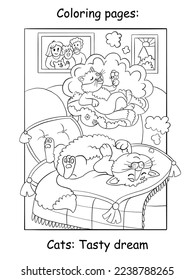Cute dreaming cat lying on the pillow. Coloring book page for children. Vector cartoon illustration isolated on white background. For coloring book, education, print, game, decor, puzzle, design