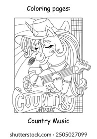 A cute dreaming country music unicorn playing a guitar. Kids coloring book page. Vector cartoon illustration on white background. Linear drawing. For colorings, prints, posters, stickers, puzzle