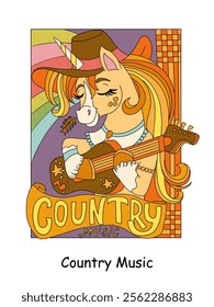 A cute dreaming country music unicorn playing a guitar. Vector color cartoon illustration on white background. Linear drawing. For colorings, prints, posters, stickers, puzzle