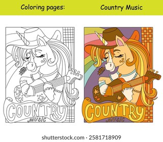 A cute dreaming country music unicorn playing a guitar. Kids coloring book page with color template. Vector cartoon illustration. Linear drawing. For colorings, prints, posters, stickers, puzzle