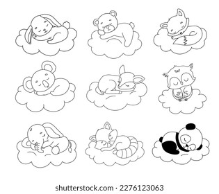 Cute dreaming deer, bear, owl, koala and elephant on cloud. Cartoon hand drawn vector outline illustration for coloring book. Line baby animals set