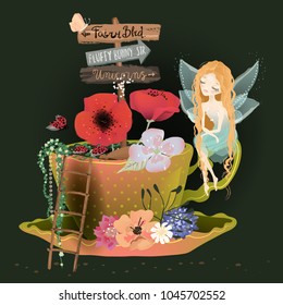 Cute dreaming fairy sitting on the fairy garden in tea cup with flowers, floral bouquet, wreath with wooden stairs and sign board