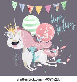 Cute dreaming flying baby unicorn girl with ballons, flowers and tied bow. Festive hanging flags and Happy Birthday lettering
