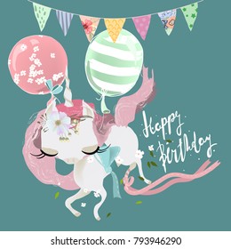 Cute dreaming flying baby unicorn girl with ballons, flowers and tied bow. Festive hanging flags and Happy Birthday lettering