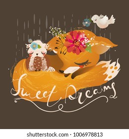 Cute dreaming fox, baby animal with floral, flowers wreath and sleeping owl, flying bird and Sweet Dreams lettering