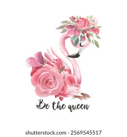 Cute dreaming girl baby pink flamingo with flowers