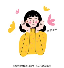 Cute dreaming girl. Flat vector illustration concept isolated on white background