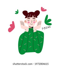 Cute dreaming girl. Flat vector illustration concept isolated on white background
