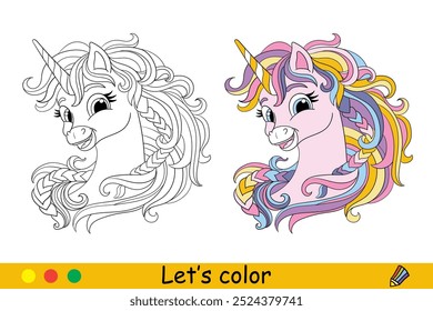 Linda cabeza soñadora de unicornio con melena de arco iris. Niños para colorear con muestra de color. Ilustración vectorial aislada sobre fondo blanco. Para colorear libro, educación, impresión, juego, rompecabezas, diseño