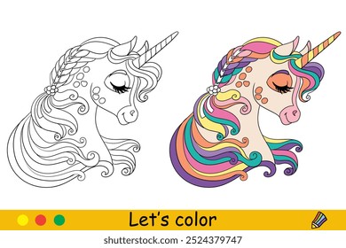 Linda cabeza soñadora de unicornio con melena de arco iris. Niños para colorear con muestra de color. Ilustración vectorial aislada sobre fondo blanco. Para colorear libro, educación, impresión, juego, rompecabezas, diseño