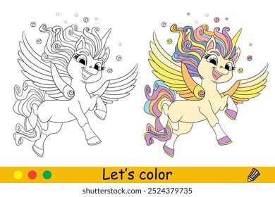 Unicornio volador alegre del sueño lindo con la melena y la cola del arco iris. Niños para colorear con muestra de color. Ilustración vectorial aislada sobre fondo blanco. Para colorear libro, educación, impresión, rompecabezas, diseño