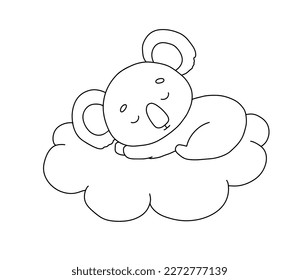 Cute dreaming koala on cloud. Cartoon hand drawn vector outline illustration for coloring book. Line baby animal isolated on white