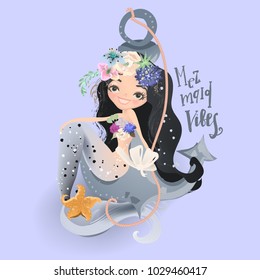 Cute dreaming mermaid sittig on anchor in floral, flowers wreath, bouquet, pearl beads, tied bow and lettering