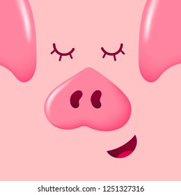 Cute dreaming piggy face festive season card. Happy New Year 2019 symbol, cartoon square pig character, funny pudgy avatar. Vector illustration for t-shirt, fabric print design, party invitation
