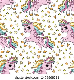 Cute dreaming pink unicorns with stars seamless pattern on a white background. Vector illustration. Fairy tale design nursery art. For printing, design, wallpaper, linen and fabric