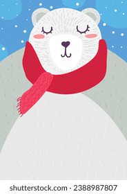 Cute dreaming polar bear with closed eyes, wearing warm knitted red scarf. Doodle style art. Vertical illustration for children book. Felt tip pen drawn cartoon vector