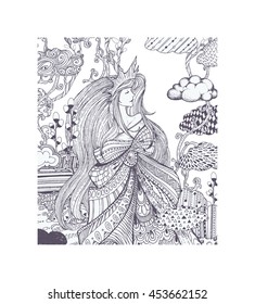 Cute dreaming queen, princess with flowers, leaves, long hair, clouds ... Adult coloring book page, black and white pattern. Hand drawn vector illustration, separated elements under mask.